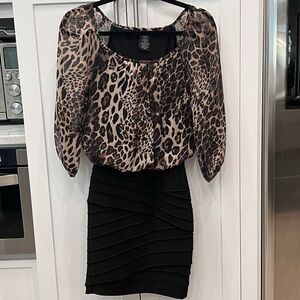 B.SMART Leopard Print Top Black Skirt Dress